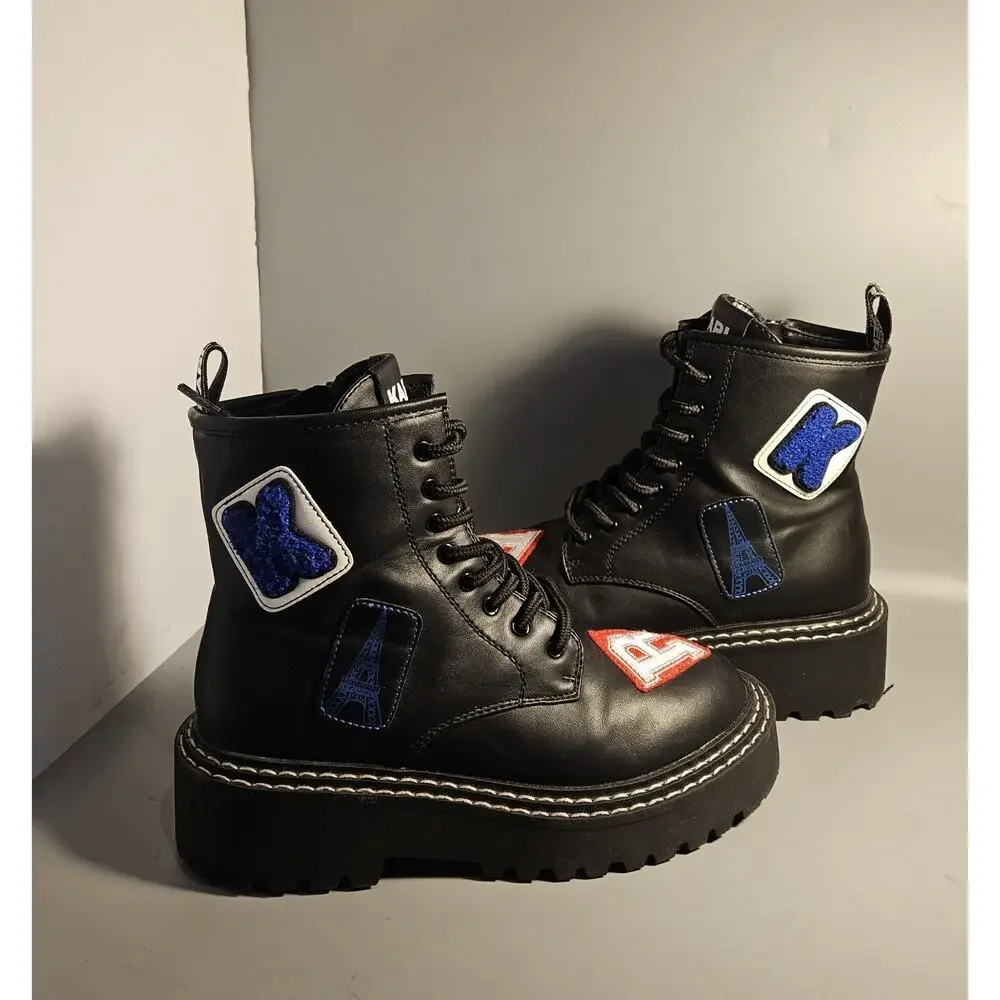 Karl Lagerfeld Paris Zip Up Combat Boots Dixie E23 Patches Embellishments Sz 6